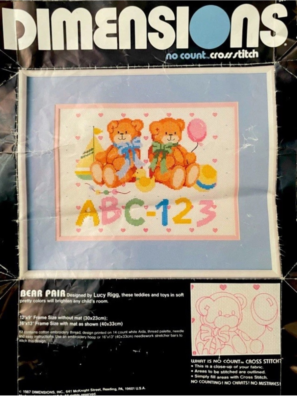 Dimensions Teddy Bear ABC 123 2/3rd Completed  Cross Stitch Vintage 1988